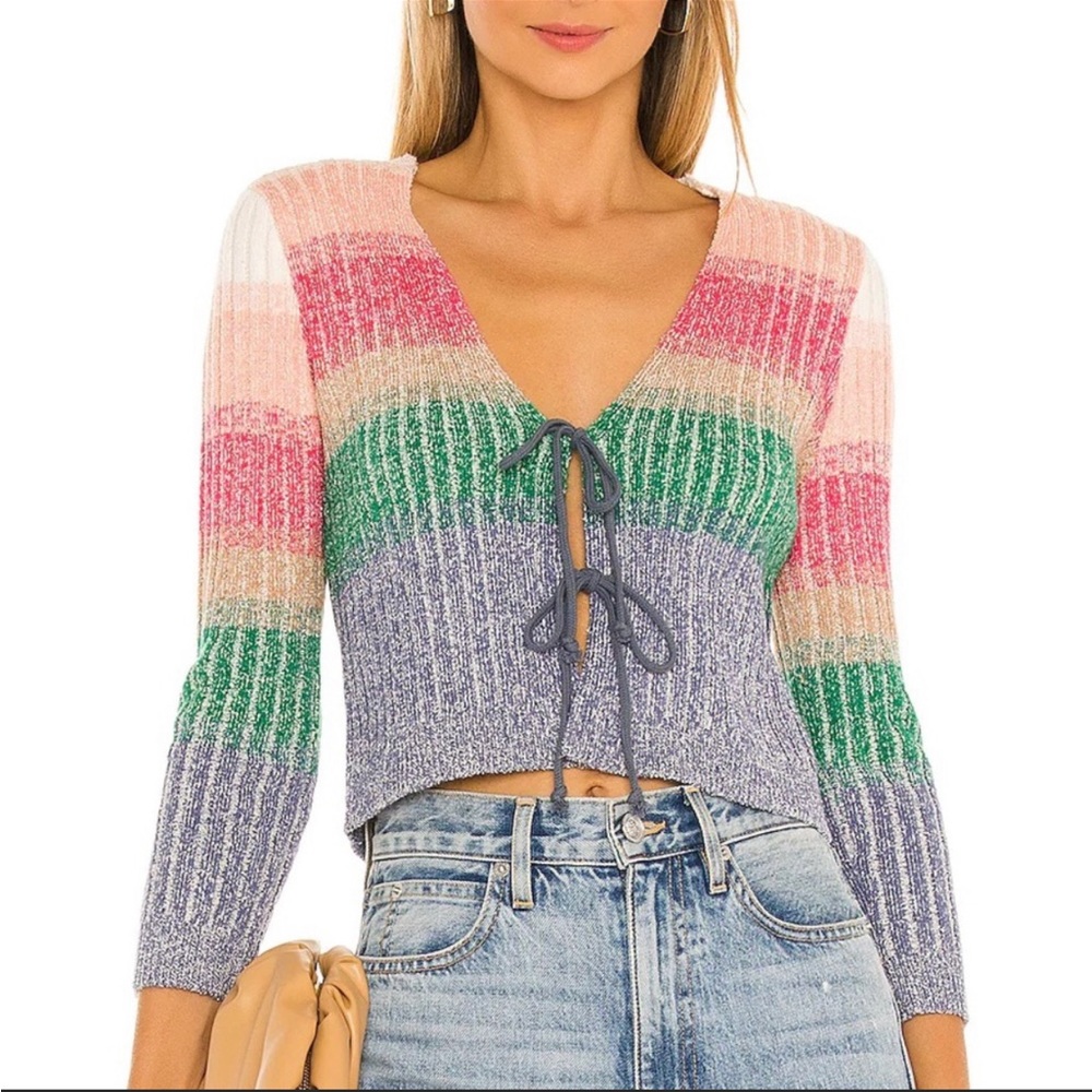 Free People Trouble Maker Cropped lace up Cardigan in rainbow combo size S